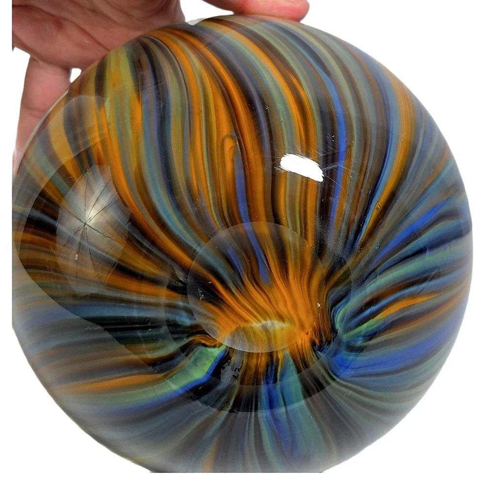 Vintage Hand Blown Art Glass Swirl Sphere Vase Blue Green Amber Feather Orb VTG